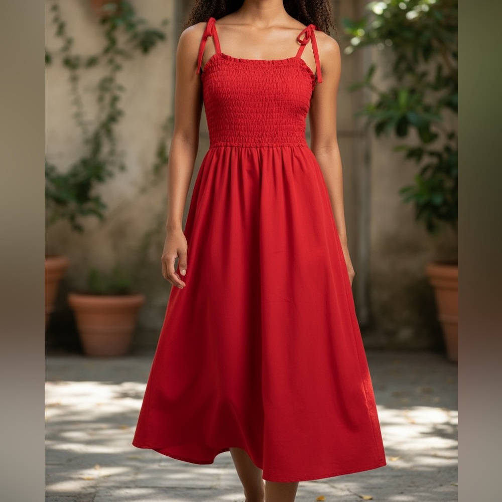 H&M Divided Red Smocked Midi Tie Strap Sleeveless Sundress Small 100% cotton
